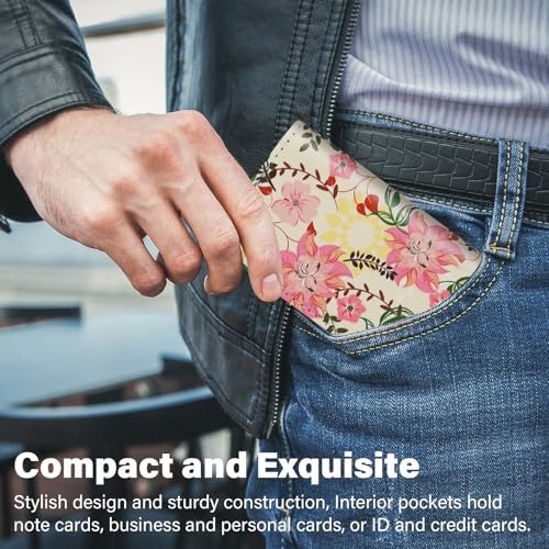 Image of Business Card Holder,PU Leather Business Card Case Color Printing Pattern Card Holder Wallet,Pockets Magnetic Credit Card Holders for Men and Women - Red Yellow Flowers