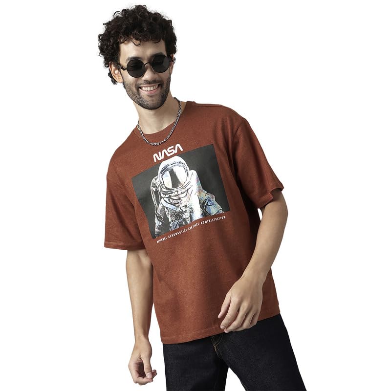 Free AuthorityNASA Printed Loose Fit Brown Cotton Men's T-Shirt