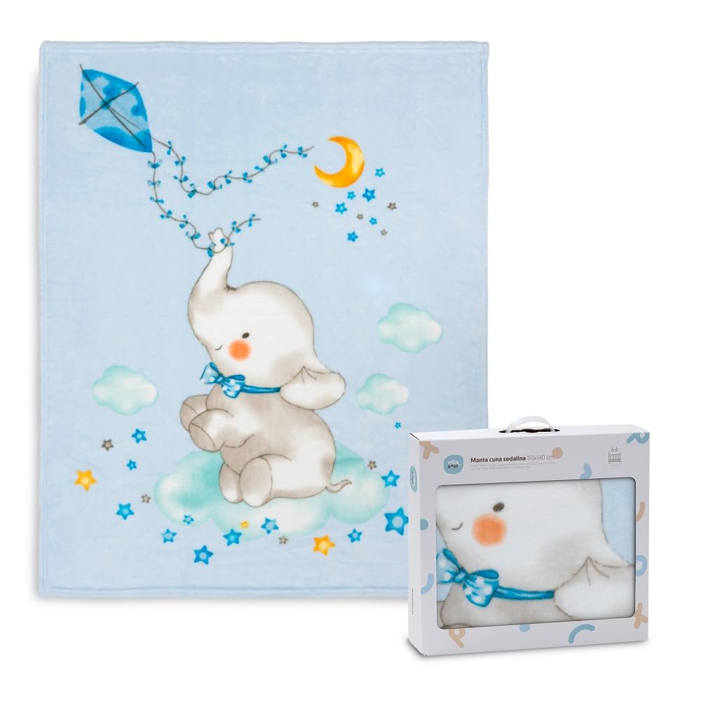 Interbaby - Manta para Cuna Bebé | Extrasuave de Sedalina Elefante Cometa, Cómoda, Cálida | Manta Bebé 110x140cm, Unisex, Para Cunas.