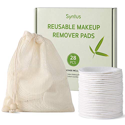 Syntus Makeup Remover Pads, 28 Pcs Reusable Natural Bamboo Cotton Rounds Remover Wipes with Laundry Bag Face Cleaning Pad for All Skin Types
