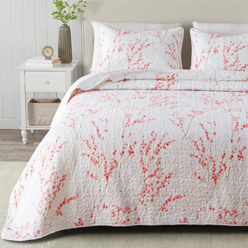 Great Bay Home Floral FullQueen Quilt Set with Shams Pink Floral Bedding Set All Season Lightweight Bedspread Reversible Farmhouse Bedding FullQueen Sakura