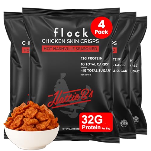Flock Keto Chicken Skin Chips | Hattie Bs Nashville Hot Flavor | Keto Friendly Low Carb High Protein Flavor Packed Gluten Free Single Serve Snack | (2.5oz) 4-Pack