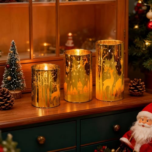 Image of Wondise Christmas Gold Reindeer LED Flameless Candles with Remote Timer, Electroplate Glass Battery Operated Real Wax Flickering 3D Wick Pillar Candles for Christmas Holiday Home Decoration