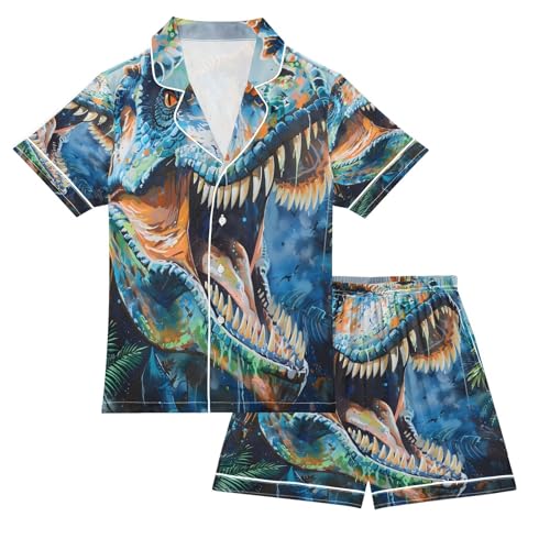 ALAZA Blue Animal Dinosaur Palm Leaf Satin Pajamas Set Short Sleeve Button Down Sleepwear Summer Pjs 2 Piece