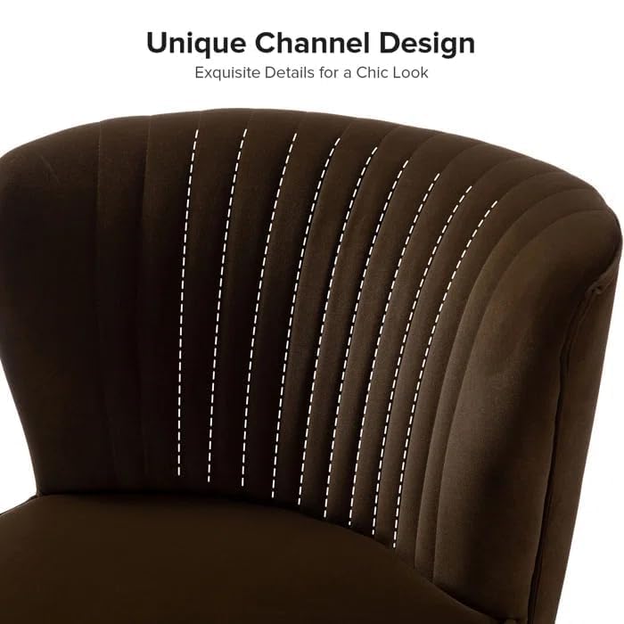 Image of Modern Upholstered Accent Velvet Chair Single Seater Channel Tufted Wing Back Chair with Golden Matel Legs for Living Room, Bedroom, Dining Room, Brown
