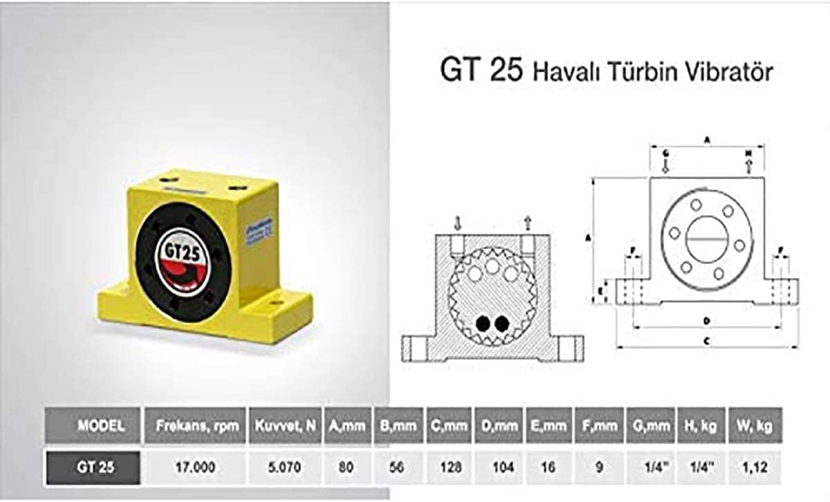 Industrial Turbine Vibrators, GT25 Pneumatic Turbine Vibrator, 1/4" Industrial Turbine Vibrators, Noiseless Industrial Vibrator