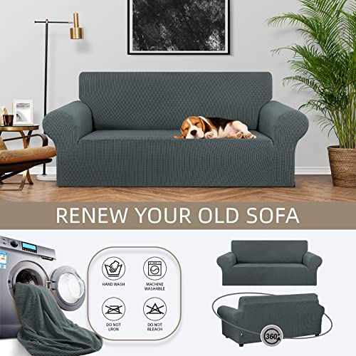 KEKUOU Stretch Loveseat Sofa Cover Slipcover,Couch Covers for 2 Cushion Couch Sofa (55"-78") Furniture Protector Sofa with Elastic Bottom for Kids,Dog. Jacquard Small Checked (Medium,Grey)