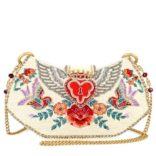 Mary Frances Keepsake Beaded Crossbody Handbag Clutch Heart & Bird-Themed Evening Purse, Multicolor