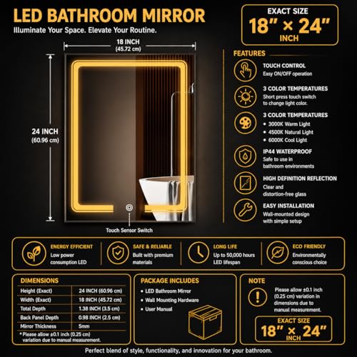 Image of LED Smart Bathroom Mirror with Touch Sensor | 3-in-1 Light Modes - Warm White | Cool White & Natural Light | Office and Home Use (Portrait, 18x24)