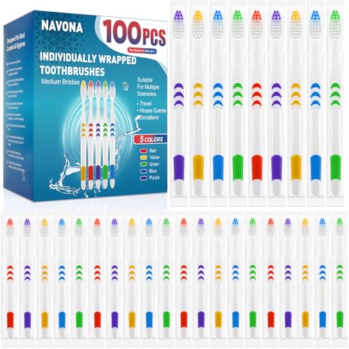 Image of Navona 100 PCS Premium Toothbrushes Bulk, Individually Wrapped Toothbrushes, Disposable Toothbrush, Medium Soft Bristle Bulk Toothbrushe for Travel Hotel Donation, Ergonomics Handle