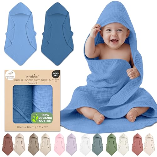 Image of infancie 100% Organic Cotton Muslin Baby Hooded Towels 32x32 Inch – 2 Pack Soft & Absorbent Baby Towels with Hood for Boys & Girls, Premium Hooded Towels, Gentle Baby Essentials in Deep Blue/Aquarius