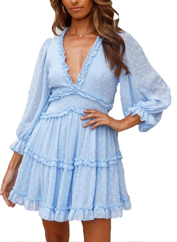 Dokotoo Womens Cute Spring Sexy Polka Dot Deep V Neck Ruffle Chiffon...