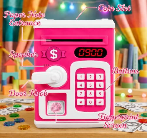 Image of Umadiya Sensor Fingerprint Money Safe Piggy Bank for Kids | Lock ATM Savings Bank with Auto Cash Roll-in, Coin Slot & Music | Educational Password Touch Finger Sensor Savings Bank Toy for Gift