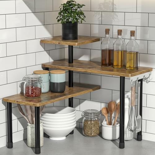 SOONHUA Estantería esquinera para cocina, encimeras de cocina, 3 niveles, especiero con 4 ganchos laterales, orientación ajustable, ahorra espacio, estante de cocina para cocina y zona de café