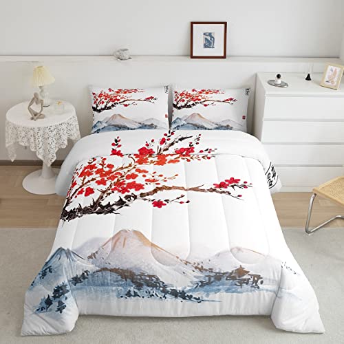Cherry Blossoms Comforter Set Queen Size for Girls Women Japanese Red Floral Decor Bedding Comforters Adult Teens Japanese Style Ukiyoe Theme Soft Quilted Duvet Mount Fuji Pattern Duvet Inse