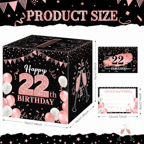 Image of Funrous 22nd Birthday Party Message Card Box Cheers to 22 Years Black Rose Gold Advice and Wishes Greeting Card Box for Men Women Birthday Decorations Party Supplies Anniversary Tables Sign Decor