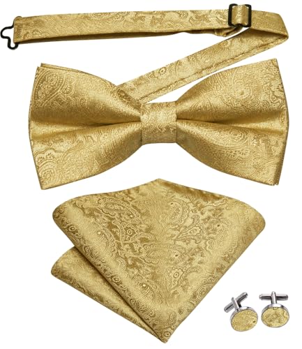 Image of Dubulle Mens Paisley Striped Bowtie Set Pre-tied Bowtie for Men and Pocket Square Set Wedding Business