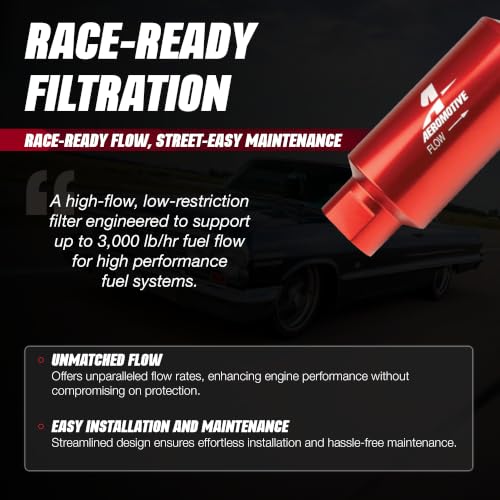Image of Aeromotive 10 Micron Inline Fuel Filter - 10 Micron Cellulose Element, Universal Fuel Filter, Female AN-10 Ports, High-Flow Billet Aluminum Housing, Gas & Diesel Compatible, Red - 12301