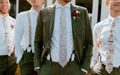 Image of Mantieqingway Men's Skinny Tie, Cotton Floral Ties for Men Wedding Necktie for Groom, Groomsmen, Missions, Dances