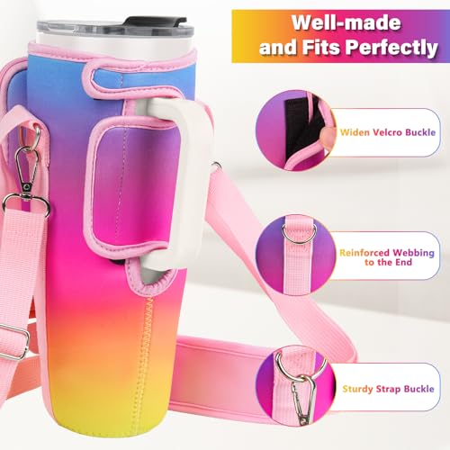 Image of Water Bottle Carrier Bag with Phone Pocket Compatible with Stanley /Meoky 40 oz Tumbler with Handle,Water Bottle Holder Pouch with Adjustable Strap Compatible with Stanley Cup Accessories,Rainbow