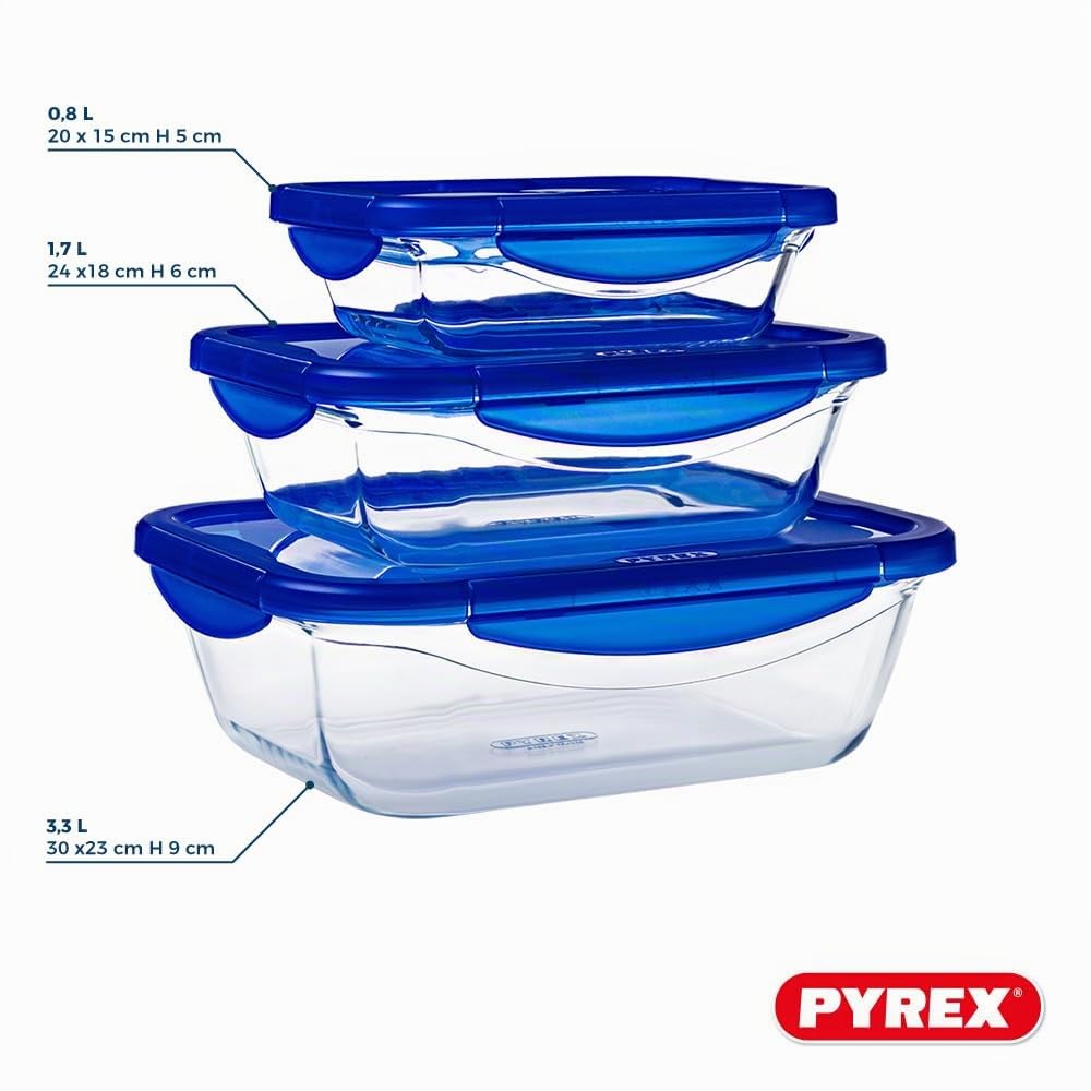 PYREX Cook & Go - Lot de 3 LunchBox Rectangulaires - 0.8L, 1.9L, 3.5L - Verre Borosilicate - Compatible four, micro-ondes et lave-vaisselle - Made in France