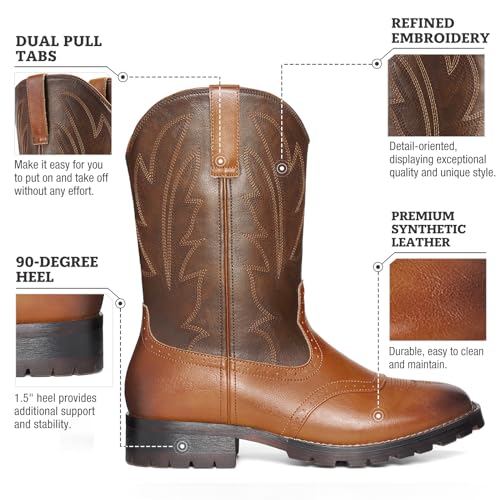 Image of Rollda Cowboy Boots for Men Western Boots Men's Square Toe Chunky Heel Mid-Calf Boots Classic Embroidered Pull On Boots