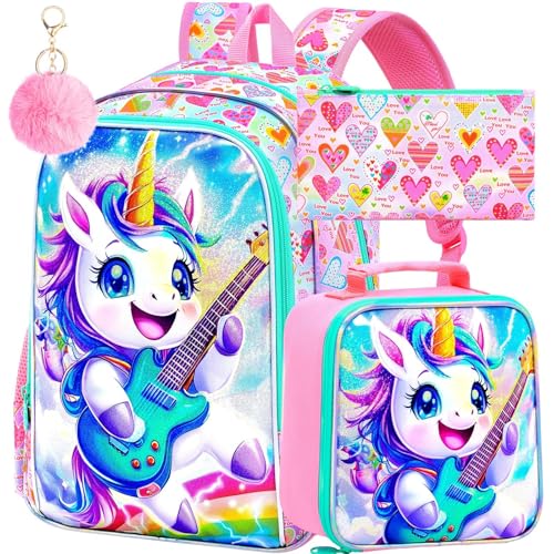 Image of 16 inch Unicorn Backpack, 3Pcs Girls School Bookbag Set with Lunch Box,Kids Backpacks for Elementary Preschool Kindergarten (Pink)