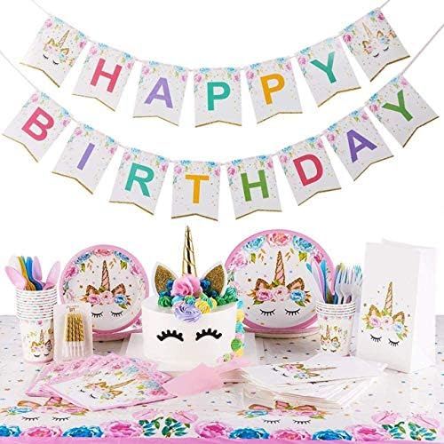 Discovering DIY Unicorn Birthday Decorations for Girls - Party Supplies Kit for 16 Guests w/Plates, Cups, Goody Bags, Utensils, Napkins, Cake Cutter & Topper, Candles, Table Cloth and Banner