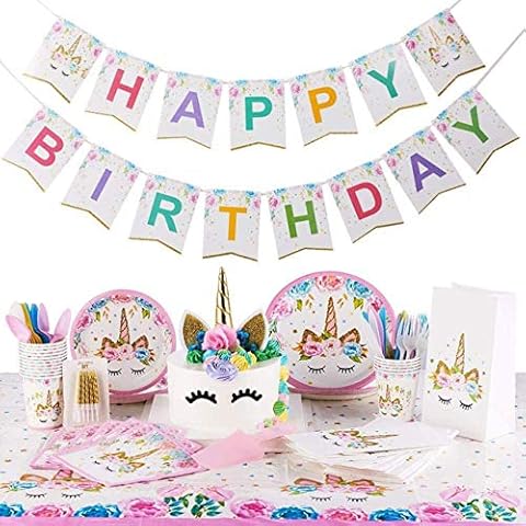 Discovering DIY Unicorn Birthday Decorations for Girls - Party Supplies Kit for 16 Guests w/Plates, Cups, Goody Bags, Utensils, Napkins, Cake Cutter & Topper, Candles, Table Cloth and Banner Cover