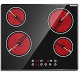 Karinear Placa vitroceramica 4 Fuegos 60cm，Incorporado, Función de apagado automático por sobrecalentamiento, Indicador de calor residual, Seguro para niños, Desenchufado, Negro (6000 W)