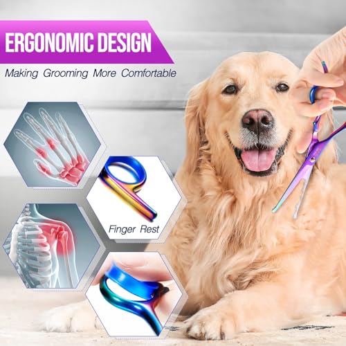 Image of Gimars Dog Grooming Scissors Kit Professional 4CR with Safety Round Tip, 5 in 1 Heavy Duty Titanium Coated Thinning & Curved & Straight Shears
