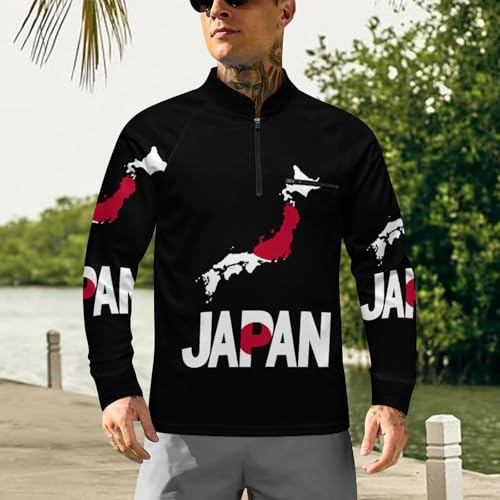 Japan Map Flag and Text Men's Rash Guard Long Sleeves Quick Dry Fishing Workout Shirts with Zipper2