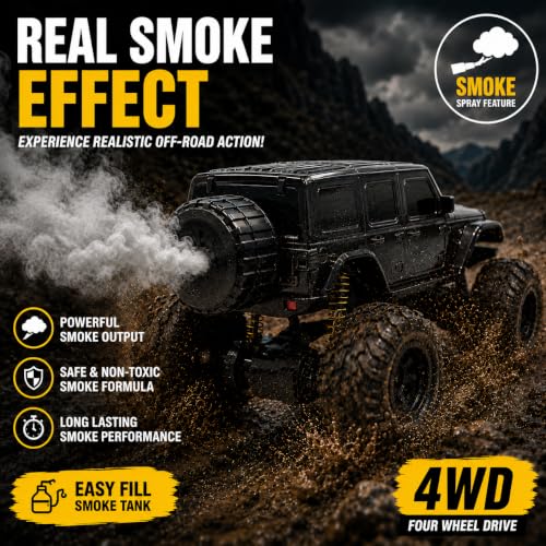 Image of Big Black Remote Control Car Toy | Thar Roxx | Smoke and LED Light | Monster Truck Remote Control 4x4 | Rechargeable Car | 2.4G Remote Control | High Speed | 100m Range | Birthday Gift for Kids
