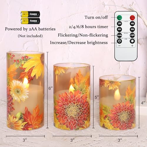 Image of Flameless Candles Chrysanthemum Decal with Remote & Timer - Real Wax Flickering Battery Operated Candles - Home Farmhouse Holiday Spring Decorations - Set of 3