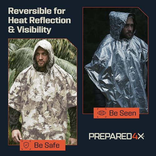 Image of PREPARED4X Emergency Mylar Poncho - Survival Rain Poncho with Hood - Lightweight, Compact, Reusable Emergency Blanket Poncho for Hiking, Camping, Thermal Gear, Car Kit, Outdoors
