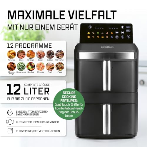 GOURMETmaxx FryUp XL vertikale Doppelkammer Heißluftfritteuse - 12 L | Airfryer mit Multi-Colour LED-Touchdisplay & 12 Programmen | Heissluftfritteuse 2 Kammern mit Oberhitze| SYNC- & MATCH-Funktion 2