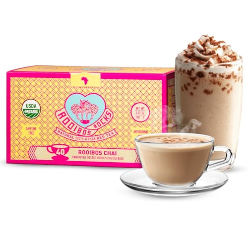 Caffeine Free Chai Rooibos 40 Tea Bags – Ethically Farmed, USDA Organic Chai Tea Bags - South African Red Bush Caffeine Free Chai Tea in Tagless Teabags - Refreshing, Naturally Sweet Ultra Low Tannin