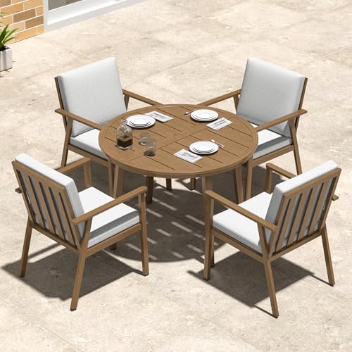 SEEHILL 5-Piece Outdoor Patio Dining Set, Aluminum Round Dining Table with 4 Dining Chairs, Never-Rust Round Outdoor Dining Set, Patio Dining Table Set for Yard, Deck, Garden, Teak