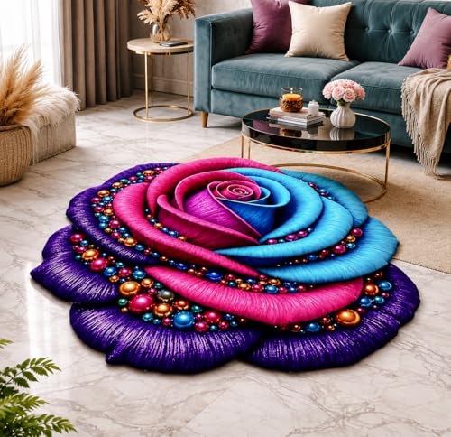 Image of 3D Rose & Floral Door Mat | Water Absorbent, Anti-Skid, Machine Washable Floor Mat | Soft Microfiber Carpet for Home, Living Room & Bedroom | Premium Decorative Mat (Multicolor Pink purple Blue, Rose)