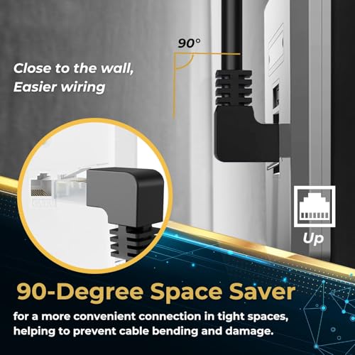 TNP Cat6 Câble Ethernet (angle droit vers le haut, 6FT) RJ45 90 Degré Connecteur réseau 500 MHz 10 Fil de prise plaqué or Gigabit LAN Cord pour PS4 Smart de la Xbox One de Fire Stick TV Jeu & Ordinateur, noir