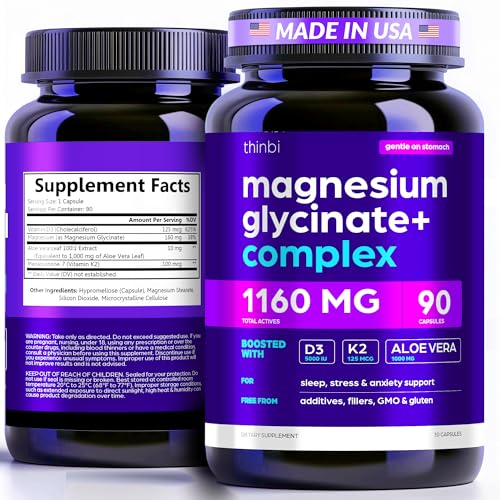 Magnesium Glycinate 1160mg + Aloe Vera, D3 & K2 Complex 90 Capsul...