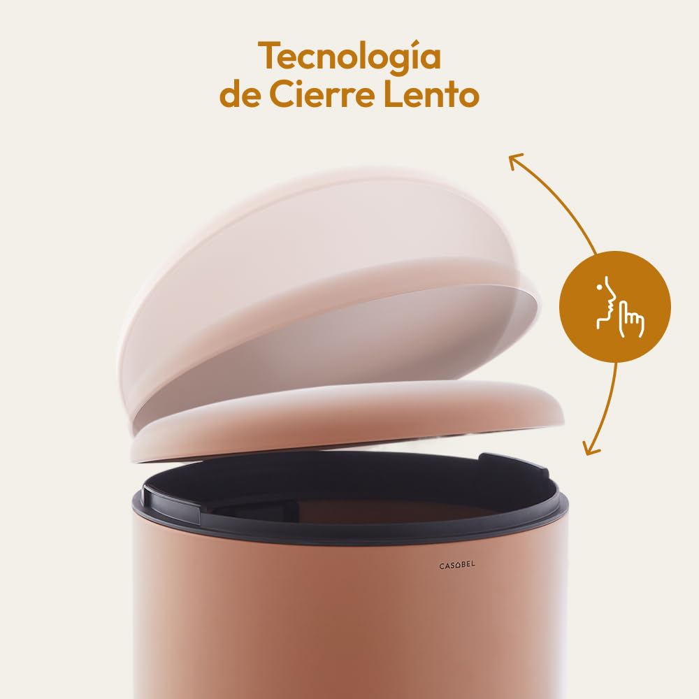 CASABEL Cubo de basura de cocina redondo 50L, acero inoxidable, terracota | Apertura con pedal, Cierre suave, Acero antihuellas, Aro de sujeción de bolsa, Asa de transporte, Fácil mantenimiento