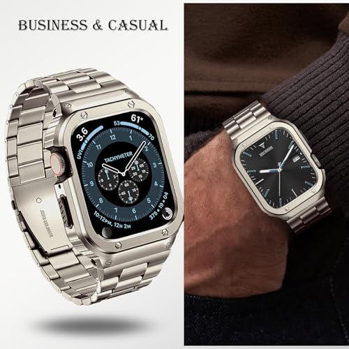 Image of MioHHR Stainless Steel Band and Case Compatible with Apple Watch Bands 46mm | Men Metal Protective Bumper Cover with Straps for iWatch 46mm Series 11 /10, Titanium Color