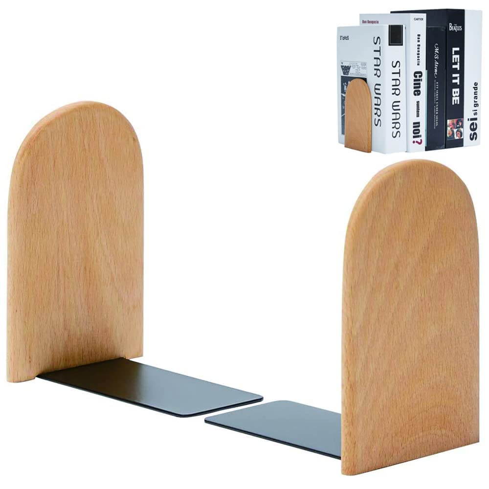 SYOSI Book Ends Shelf, 1 Pairs Wood Bookends, Heavy Duty Book Holders, Wooden Book Stopper, Anti Slip Book Stand Holder, for Home, Office, School, Library (Round Head)