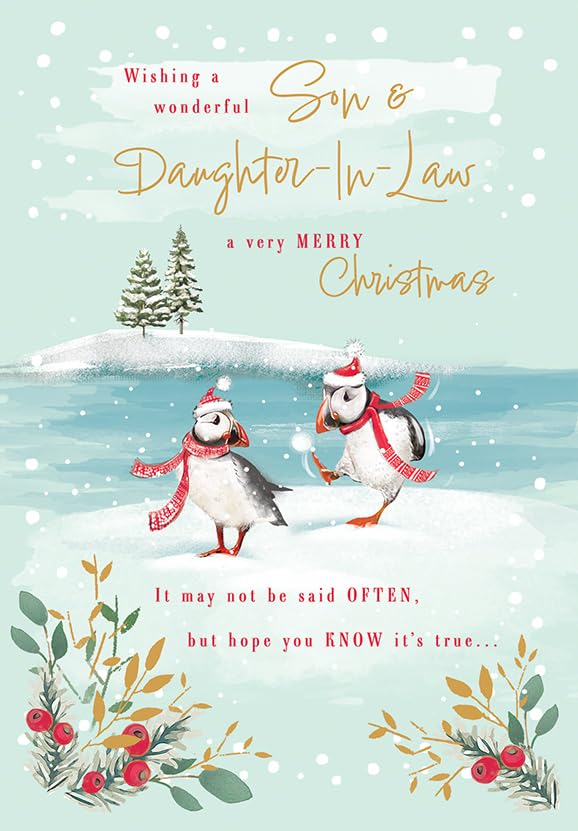 Piccadilly Greetings Christmas Card Wishing a Wonderful Son & Daughter In Law Puffins - 9 x 6 inches