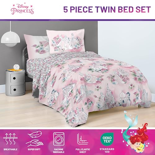 Image of Disney Princess Twin Comforter Set 5 Piece Floral Bedding for Girls, Pink