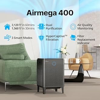COWAY Air Purifier for Home Large Room Up to 3,120ft², Washable Pre-Filter and HEPA Filter for Smoke, Allergies, Pet Dander, Odor, AQI, Auto & Sleep Mode, Timer, 5yr Warranty, Airmega 400(G)