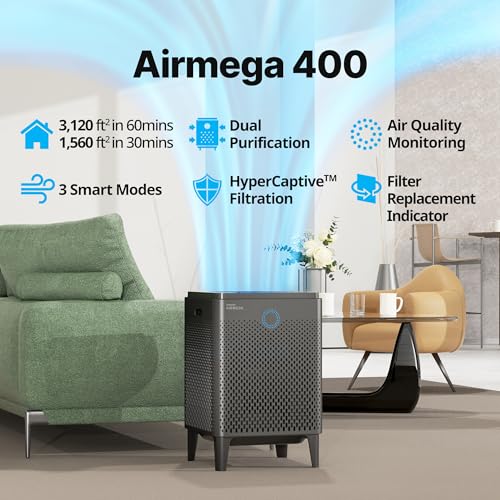 Air Purifier for Home Large Room Up to 3,120ft², Washable Pre-Filter and HEPA Filter for Smoke, Allergies, Pet Dander, Odor, AQI, Auto & Sleep Mode, Timer, 5yr Warranty, Airmega 400(G)