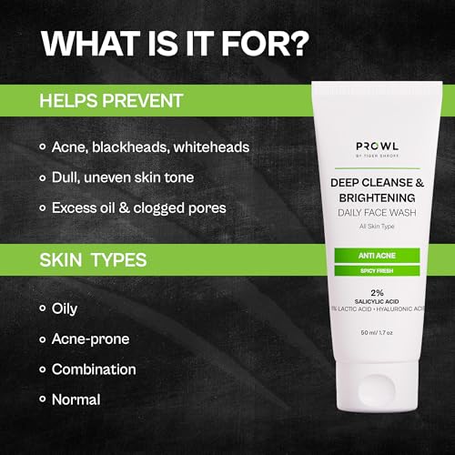 Image of PROWL by Tiger Shroff Facewash 2% Salicylic Acid | Anti Acne For Dry Combination Oily & Acne Prone Man Skin Care with 1% Lactic Acid, Hyaluronic Acid | Exfoliating Brightening Face Wash For Men | 50ml