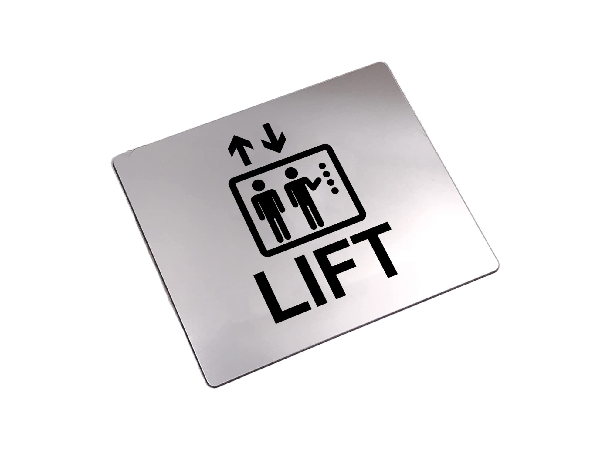 Origindesigned Silver And Black Lift Sign Adhesive Sticker Notice, Metallic Silver Engraved Black With Universal Icon Symbol And Text (Size 12Cm X 10Cm)